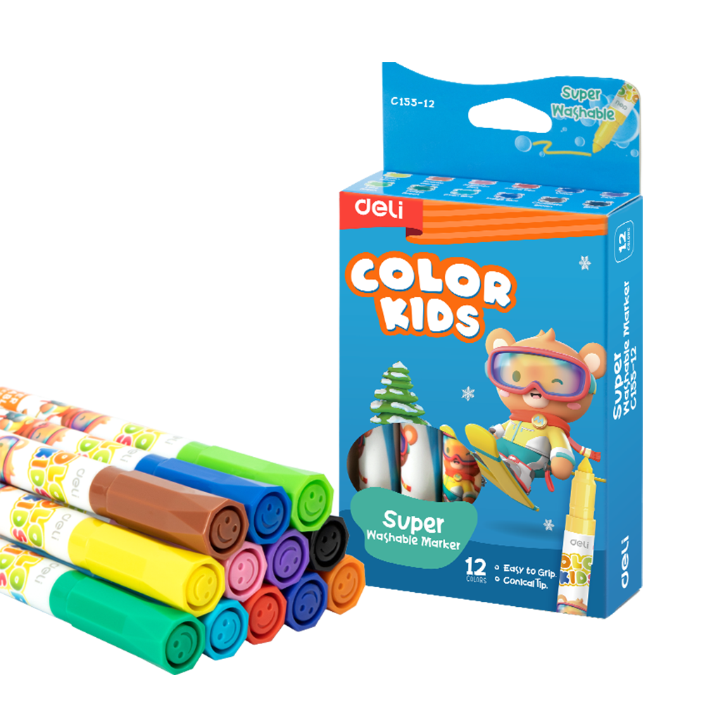 Marcadores Super Lavables ColorKids Deli punta cónica caja 12 und *UMV-1 Caja*