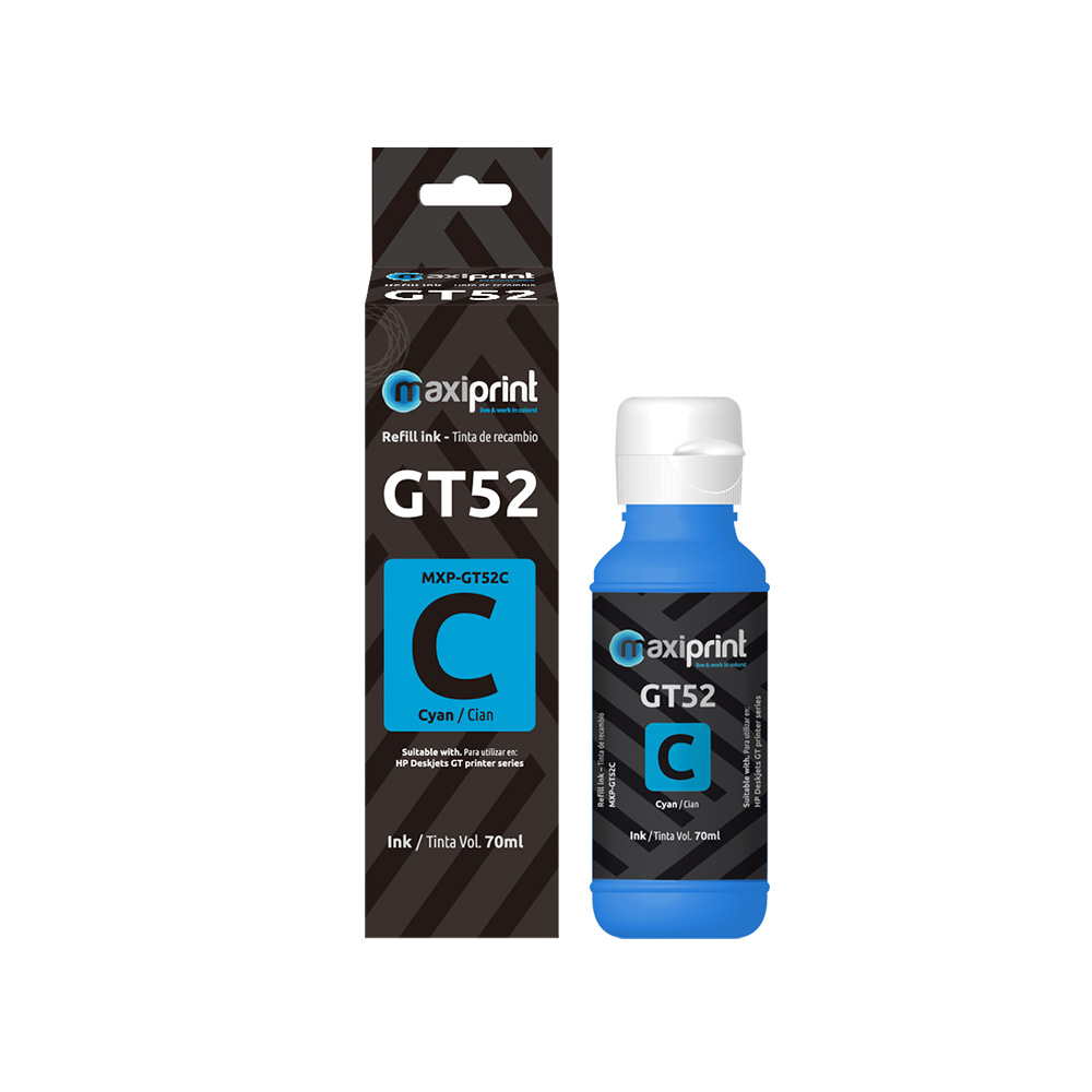 Botella de tinta Maxiprint Compatible con HP GT52 Cian 70ml