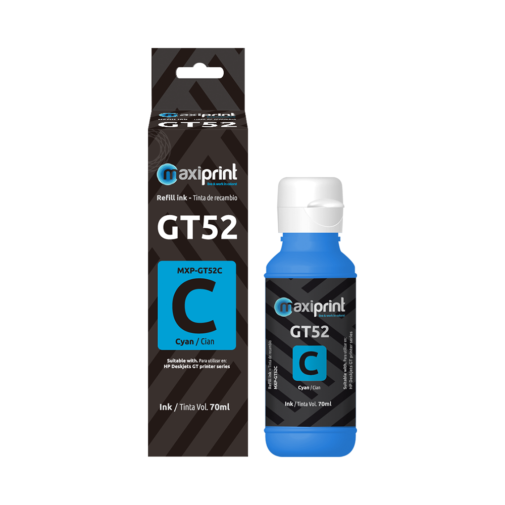Botella de tinta Maxiprint Compatible con HP GT52 Cian 70ml