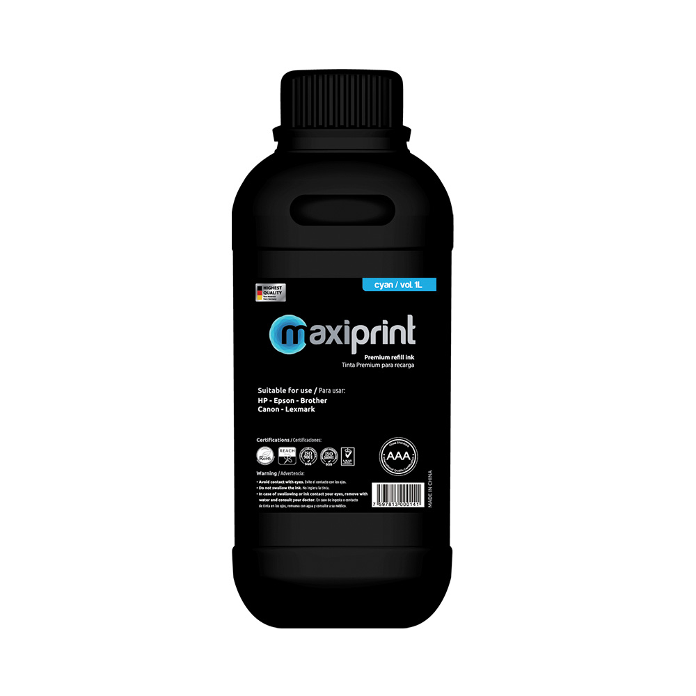 Botella de tinta Maxiprint universal para refill Cian 1L