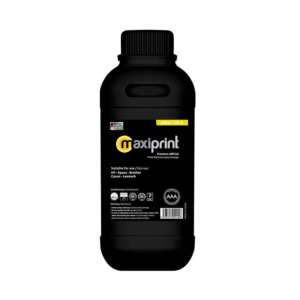 Botella de tinta Maxiprint universal para refill amarillo 1L