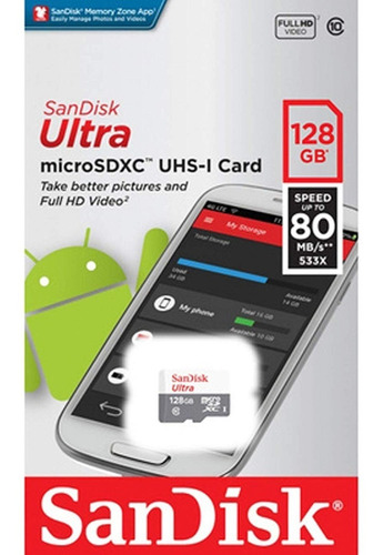 Memoria MicroSD SanDisk Ultra 128GB 80 MB/s Clase 10/w