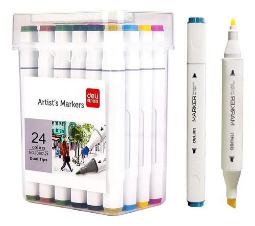 Marcadores doble punta biselada 7.0mm Deli caja 24 colores *UMV-1und*