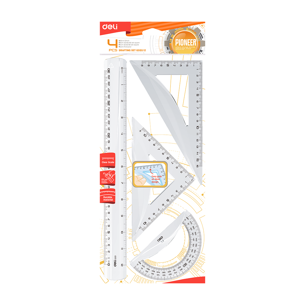 Set de Reglas de Geometría 30cm 4pzas Transparente Deli *UMV-1 set*