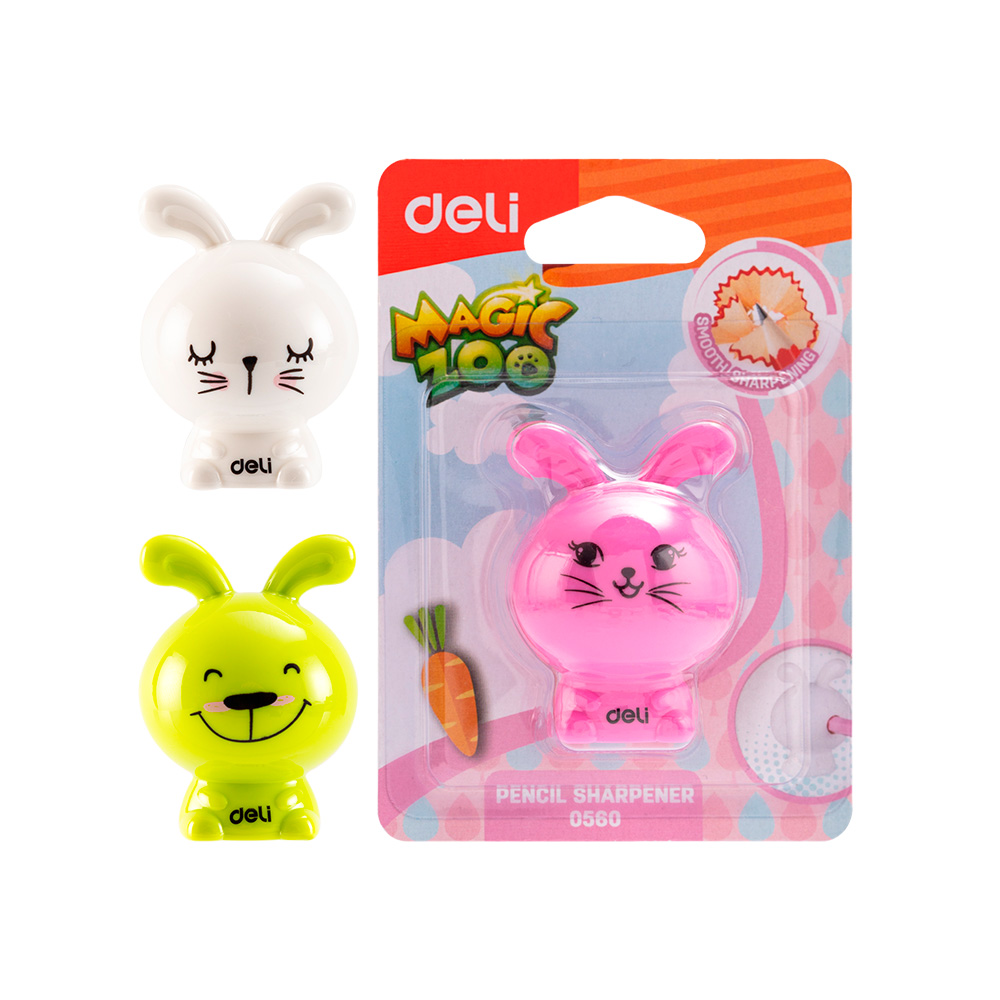 Sacapuntas Plástico 1 hueco c/recipiente Conejito Deli en blister  *UMV-Inner de 12und surtidas*