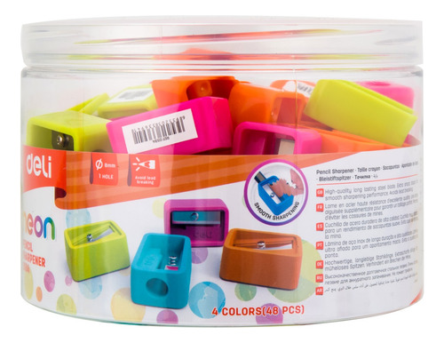 Sacapuntas Plástico 1 hueco Deli 4 colores surtidos Neon  *UMV-1 cilindro de 48und*