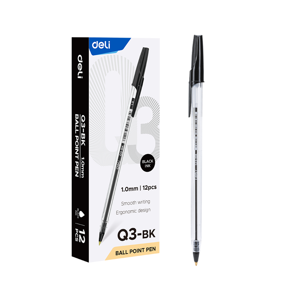 Boligrafo Punta de Bala 1.0mm Negro Con Tapa Deli *UMV-1 caja de 12und*