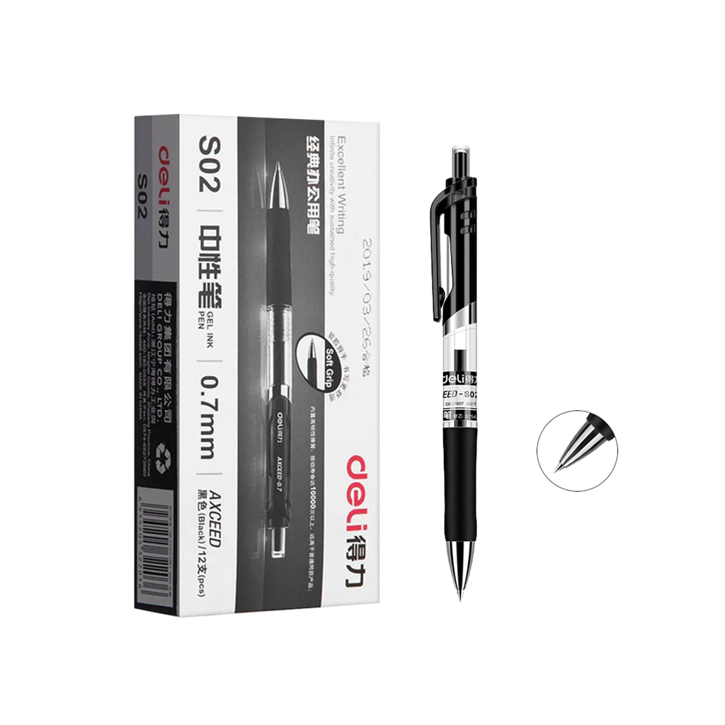 Bolígrafo de Gel Tinta Negra Retráctil con Grip Deli *UMV-1 caja de 12und*