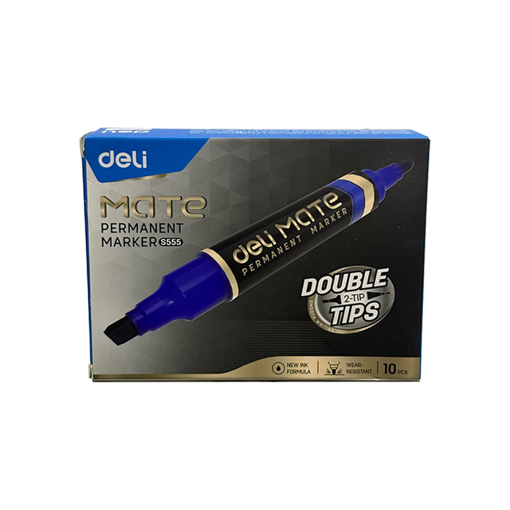 Marcador Permanente Doble Punta Deli Mate Tinta Azul Biselada y Redonda *UMV-1 caja de 10und*