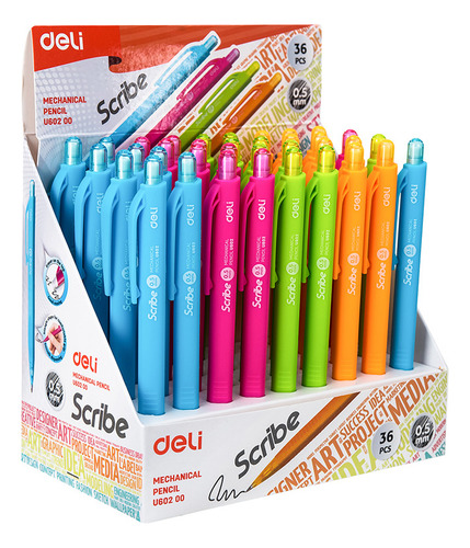 Lápiz Porta Minas Scribe-Deli 0.5 mm c/borrador *UMV-1 Display 36und surtidos*