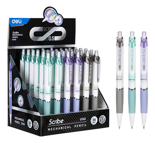 Lápiz Porta Minas Scribe-Deli 0.5 mm c/borrador y grip *UMV-1 Display 36und surtidos*
