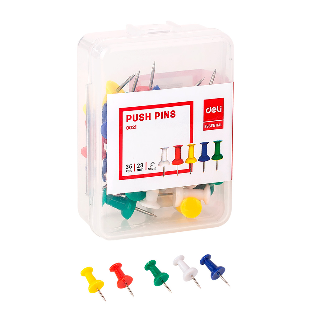 Tachuela 23mm 1" Deli caja plástica 35 und colores surtidos *UMV-Inner 10 cajas*