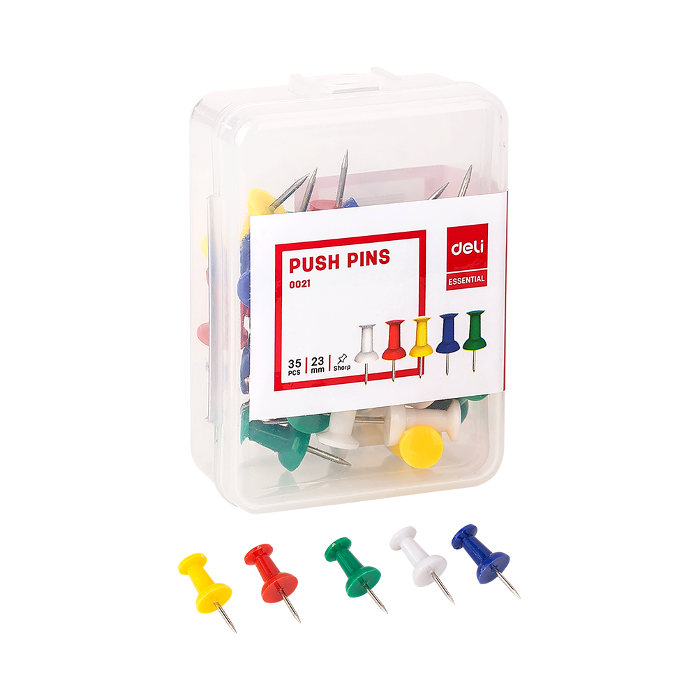 Tachuelas / Chinches Plásticos Deli 23 mm (1") Caja de 35 pcs Colores Surtidos  *UMV-Inner 10 cajas*