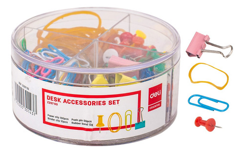 Set Accesorios 100 clips 50 tachuelas 10 Binders 12g de liga Deli *UMV-3 sets*