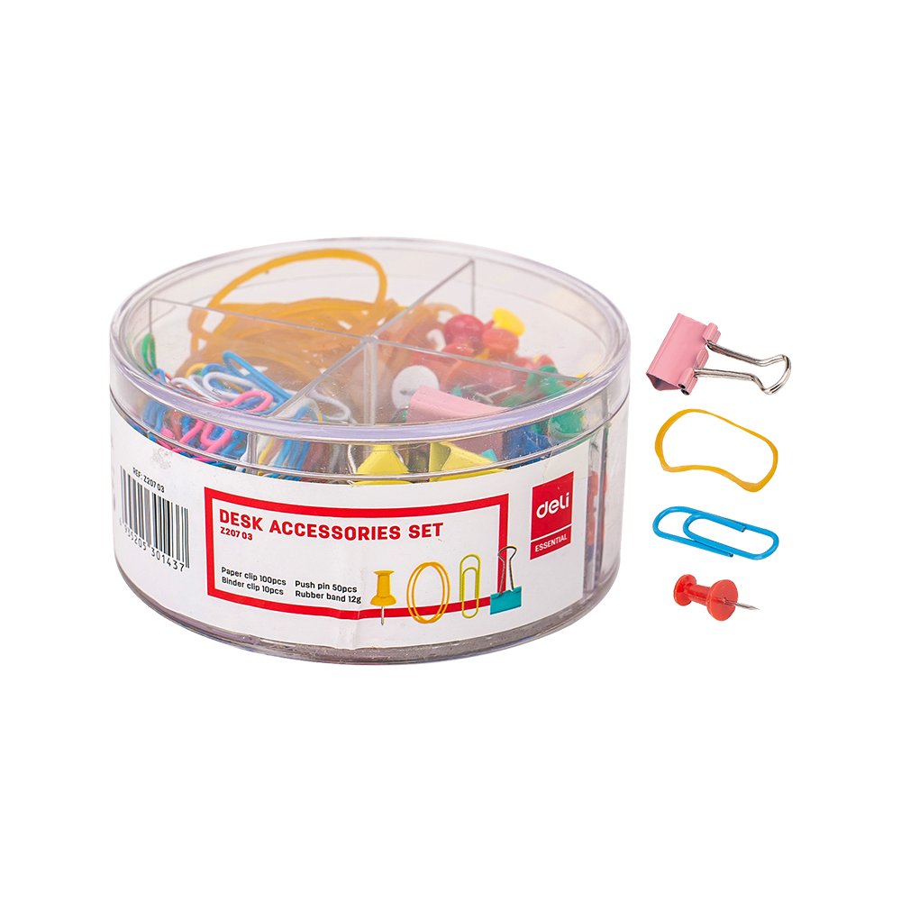 Set Accesorios de Escritorio Deli 100 Clips 50 Tachuelas 10 Binders 12g de Ligas *UMV-1 set*