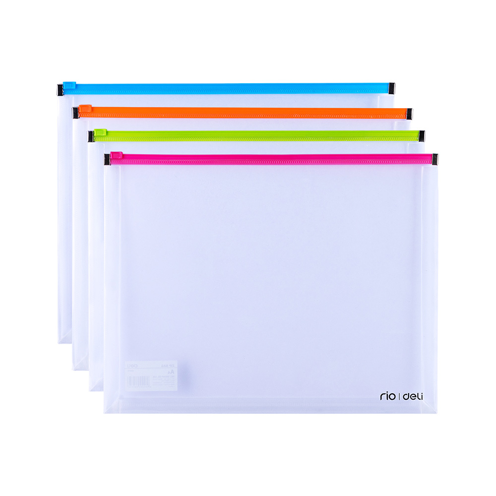 Sobre Plástico A4 Fuelle de 15 mm Cierre Zip Deli RIO (0.18 mm) Colores Surtidos *UMV-Pack de 8 und*