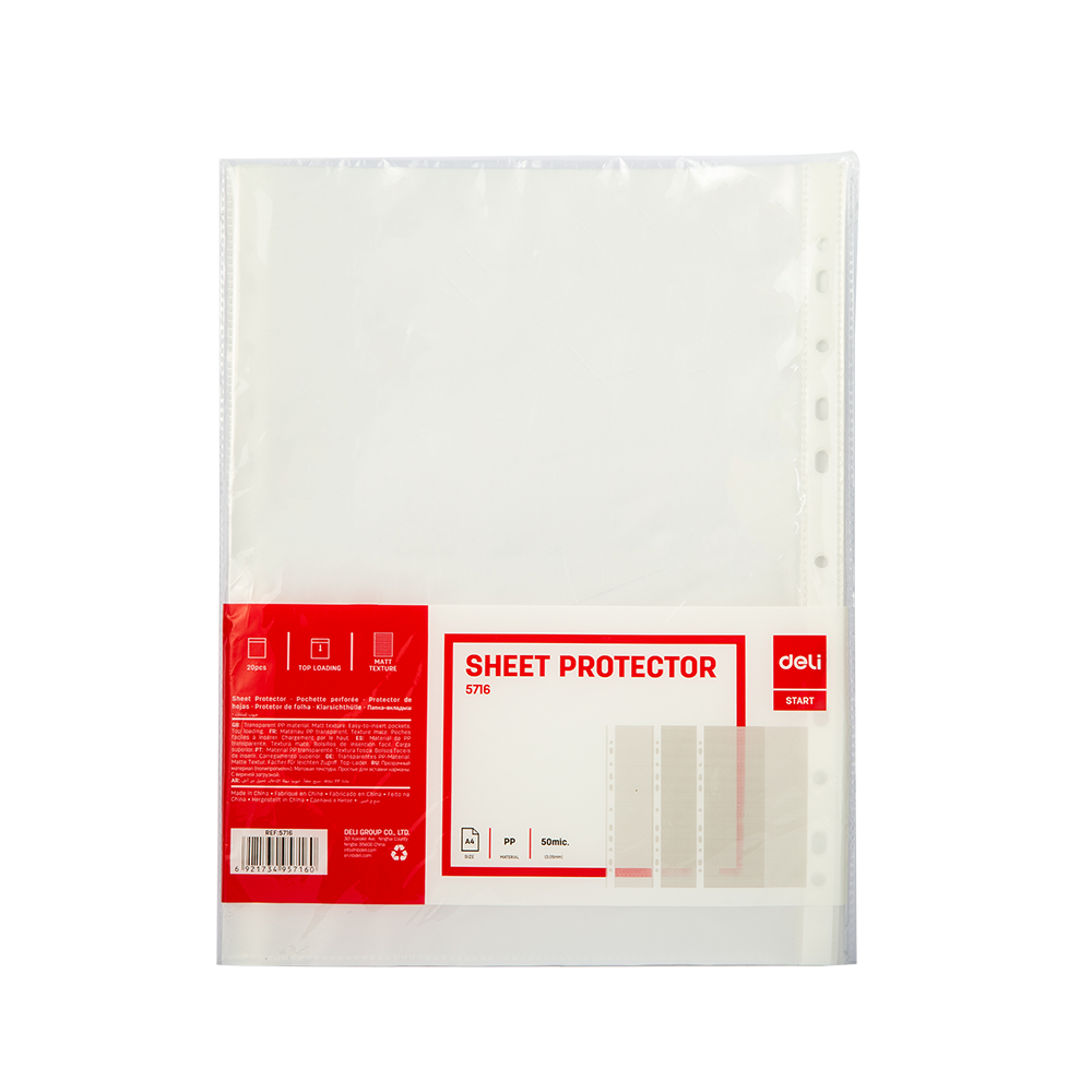 Protector de Hojas Transparente Deli A4 con 11 Perforaciones (0.05 mm Textura Mate) Pack de 20 und *UMV- Unidad*