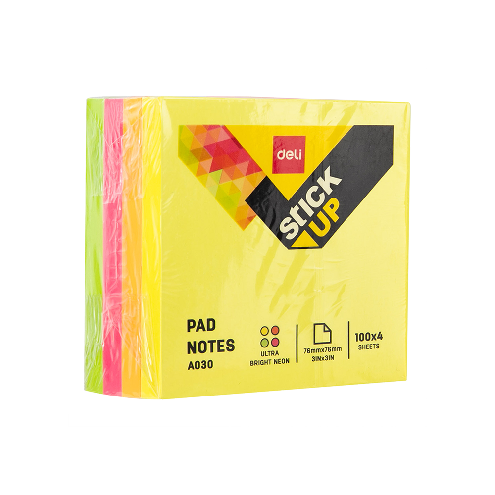 Notas Adhesivas Fluorecentes Deli 3×3" Bloque 4x100 *UMV-Inner de 6und*