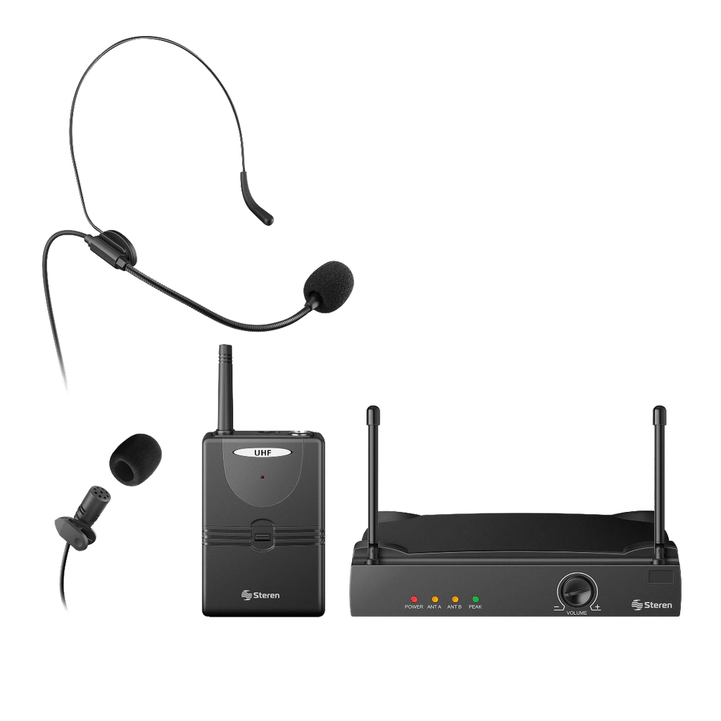 Micrófono inalámbrico UHF Steren con cintillo y clip para solapa alcance 40m