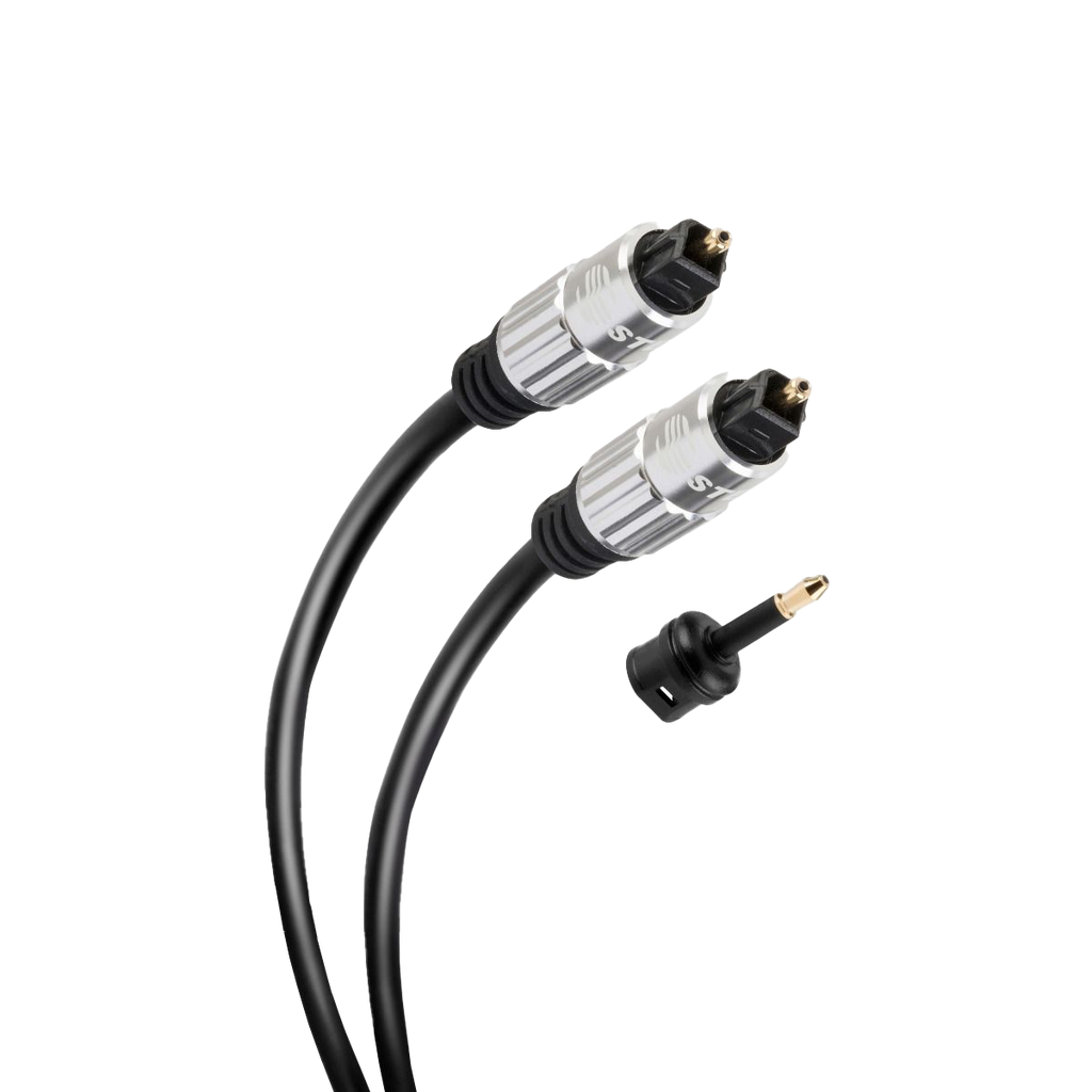 Cable Toslink de fibra óptica Steren c/conector 90º 2m incluye adaptador miniplug