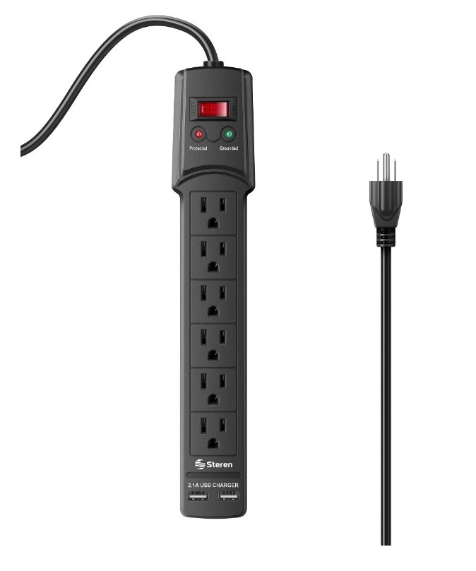 Regleta de 6 tomas 110V Steren + 2 cargadores USB 3.0 Steren