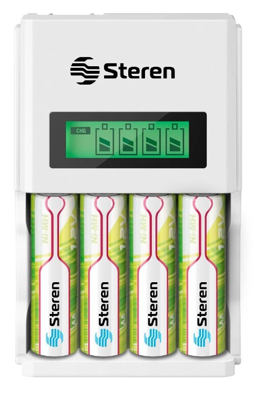 Cargador inteligente de pilas AA y AAA Steren Incluye 4 pilas AA de 2100 mAh