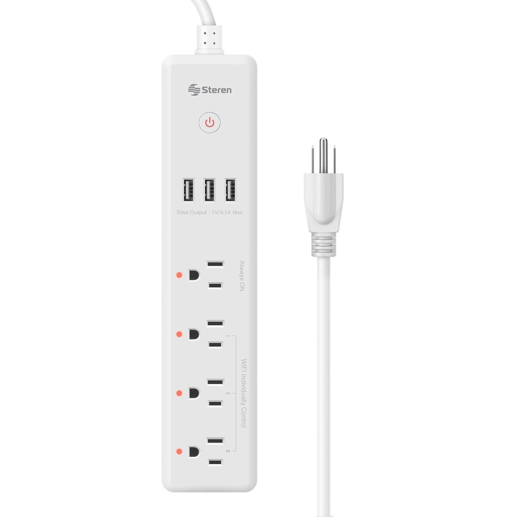 Enchufe Tomacorriente Inteligente Wifi Steren 4 tomas y triple cargador USB