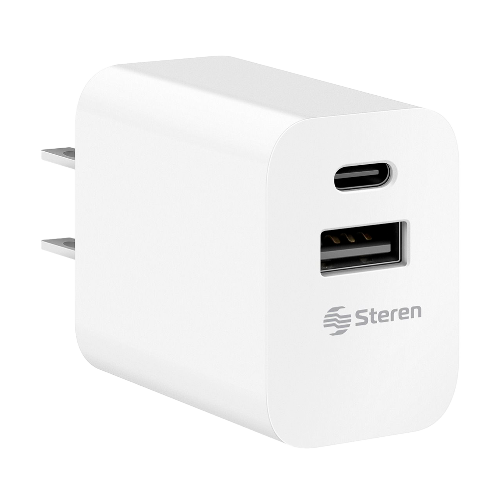 Cargador USB + USB C Steren Carga Rápida 20W