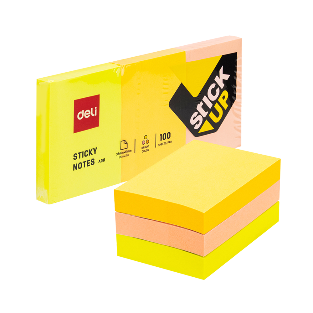 Notas Adhesivas 3 colores Deli 38x51mm Bloque 3x100 *UMV-1pack de 4x3*