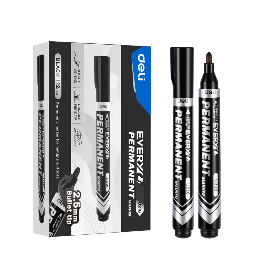 Marcador Permanente Negro Everyu Punta de Bala 2.5mm Deli *UMV-1 caja de 12und*