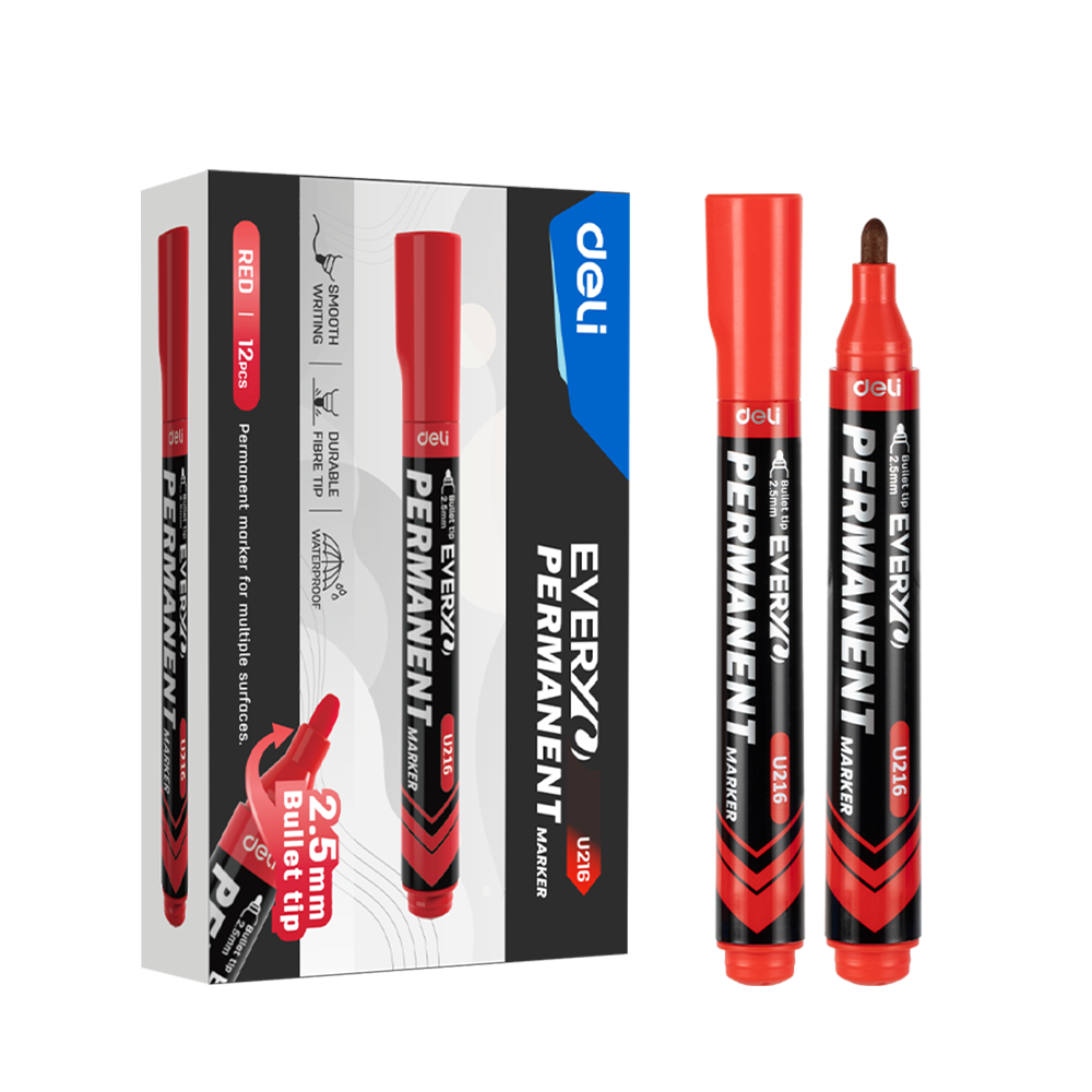 Marcador Permanente Deli EVERYU Punta Bala 2.5mm Tinta Roja *UMV-1 caja de 12und*