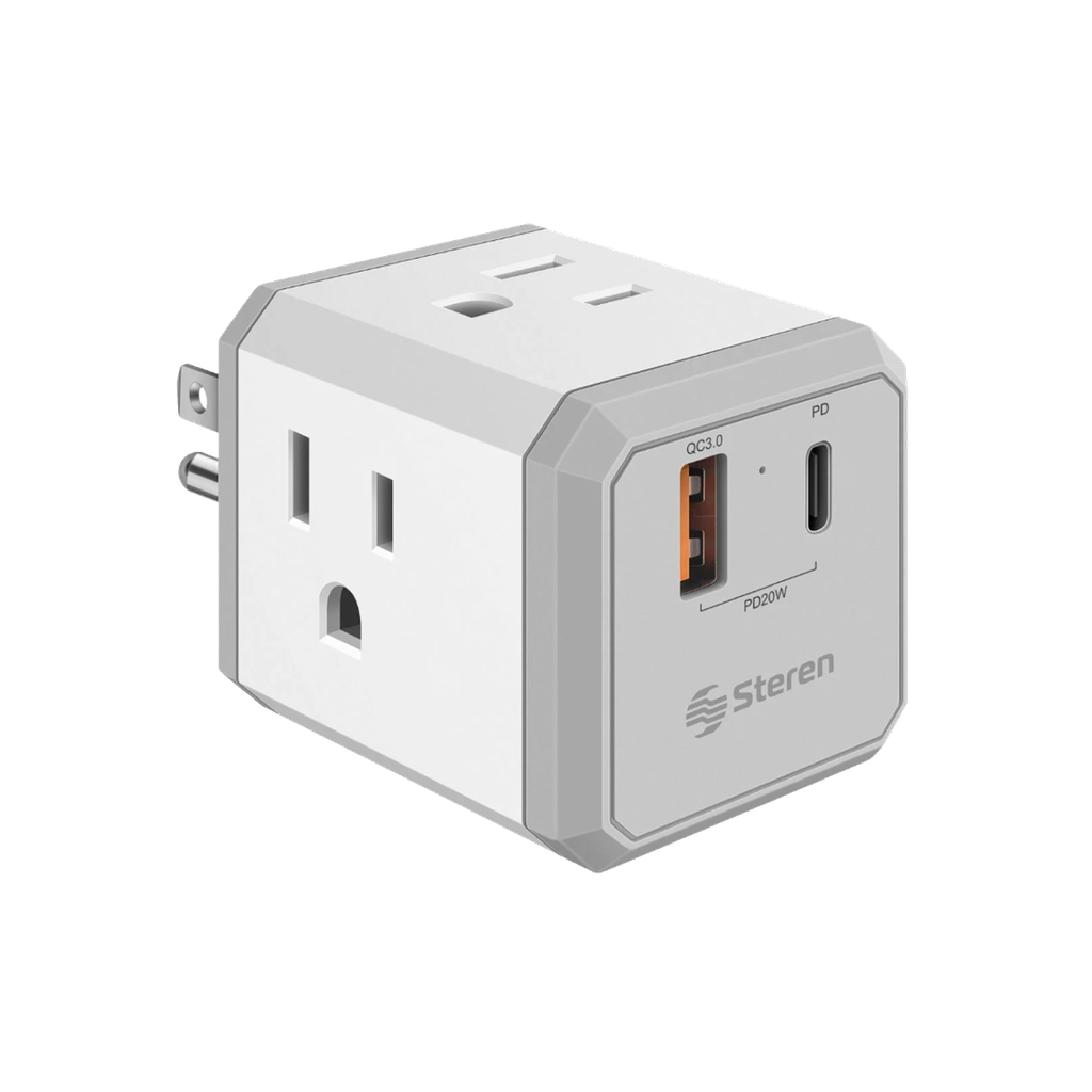 Cargador USB C  y USB 20W y 4 tomas multicontactos 110V Steren
