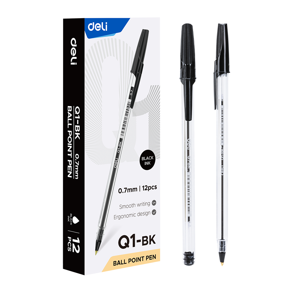 Bolígrafo negro extra suave c/tapa Deli 0.7mm *UMV-1 caja de 12und*
