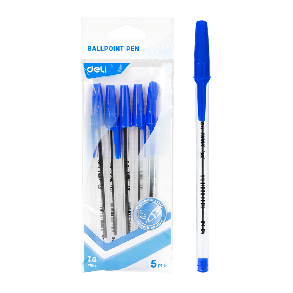 Bolígrafo azul extra Suave con tapa Deli 1mm *UMV-1 bolsa de 5und*