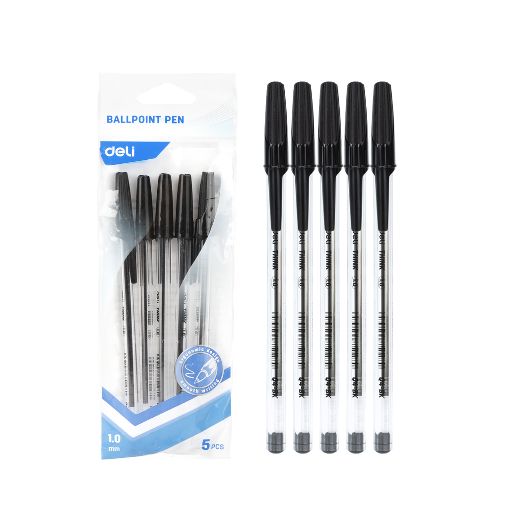 Boligrafo Punta de Bala 1.0 mm Deli Tinta Negra con Tapa Bolsa de 5 und. *UMV-1 bolsa de 5und*
