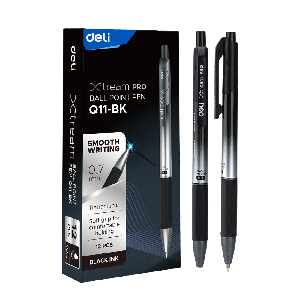 Bolígrafo negro Xtream Pro retráctil c/grip Deli *UMV-1 caja de 12und*