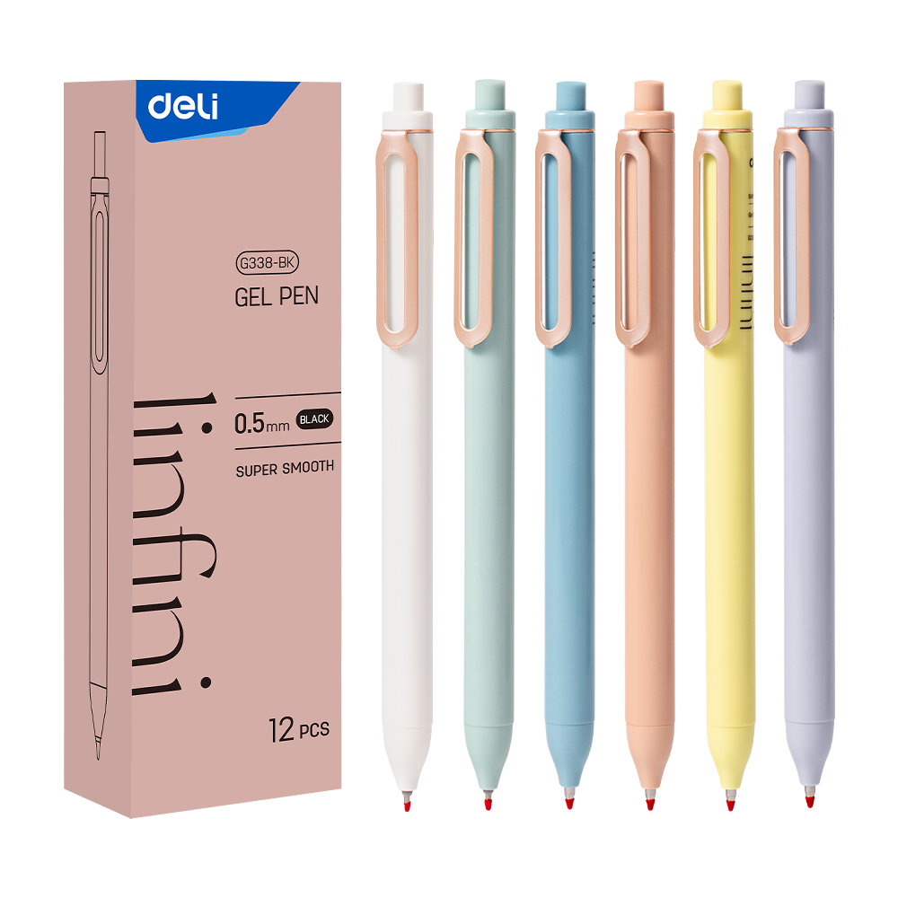 Boligrafo de Gel Retráctil Linfini Tinta Negra Punta de Bala 0.5mm Clip Metálico Deli *UMV-1 caja de 12und*