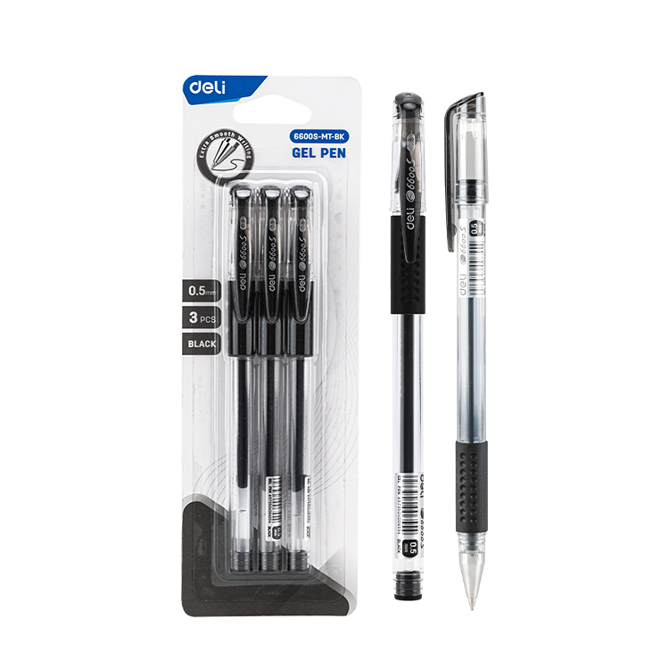 Bolígrafo negro de gel c/tapa y grip ergonómico Deli *UMV-4 blisters de 3und*
