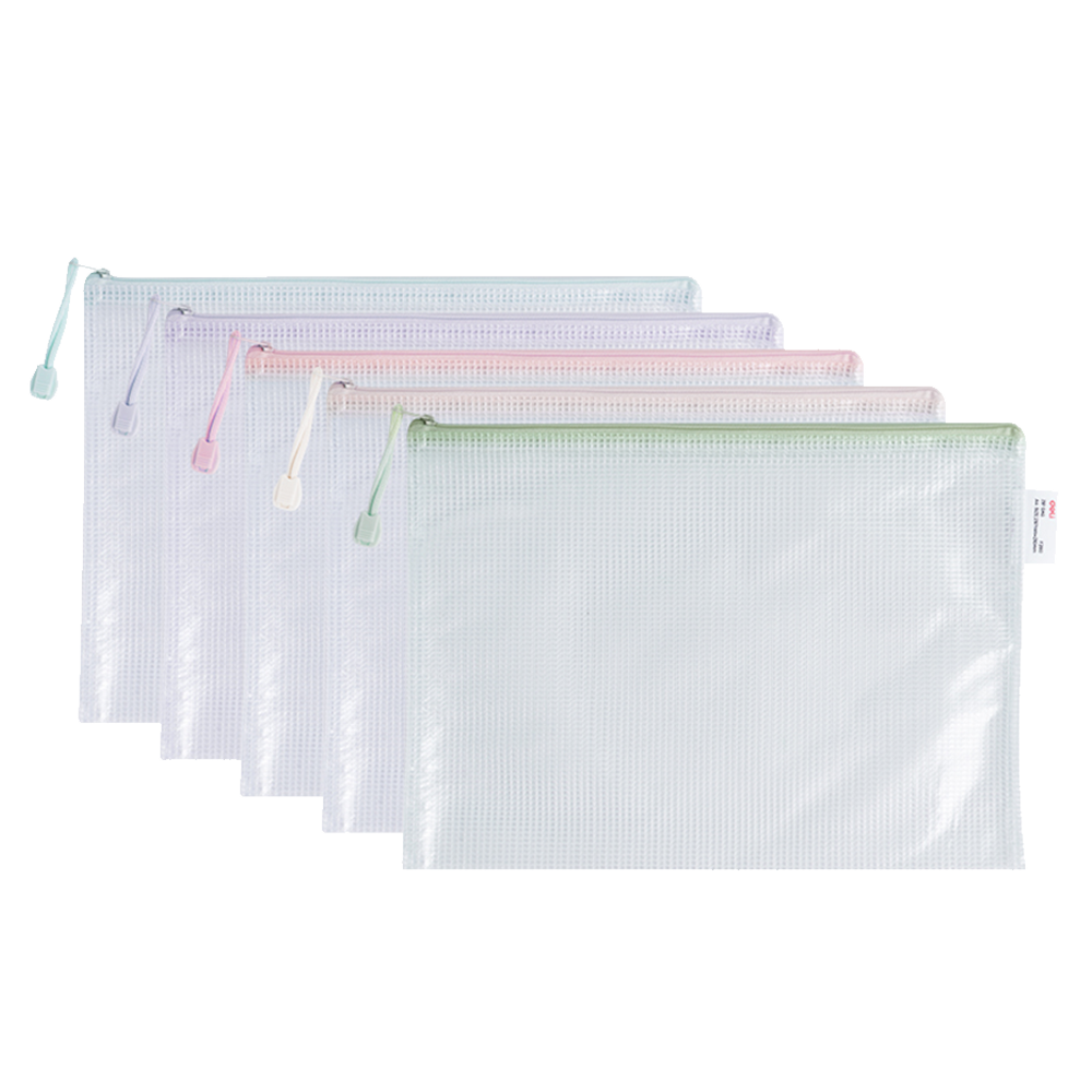 Sobre Plástico trasnparente Deli A4 c/cierre colores pastels *UMV-1pack de 10 unid*