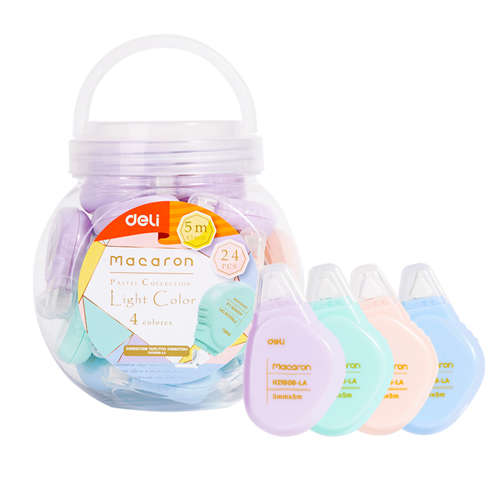 Corrector en Cinta Macaron Deli 5mmx5m *UMV-1 tarro de 24und*