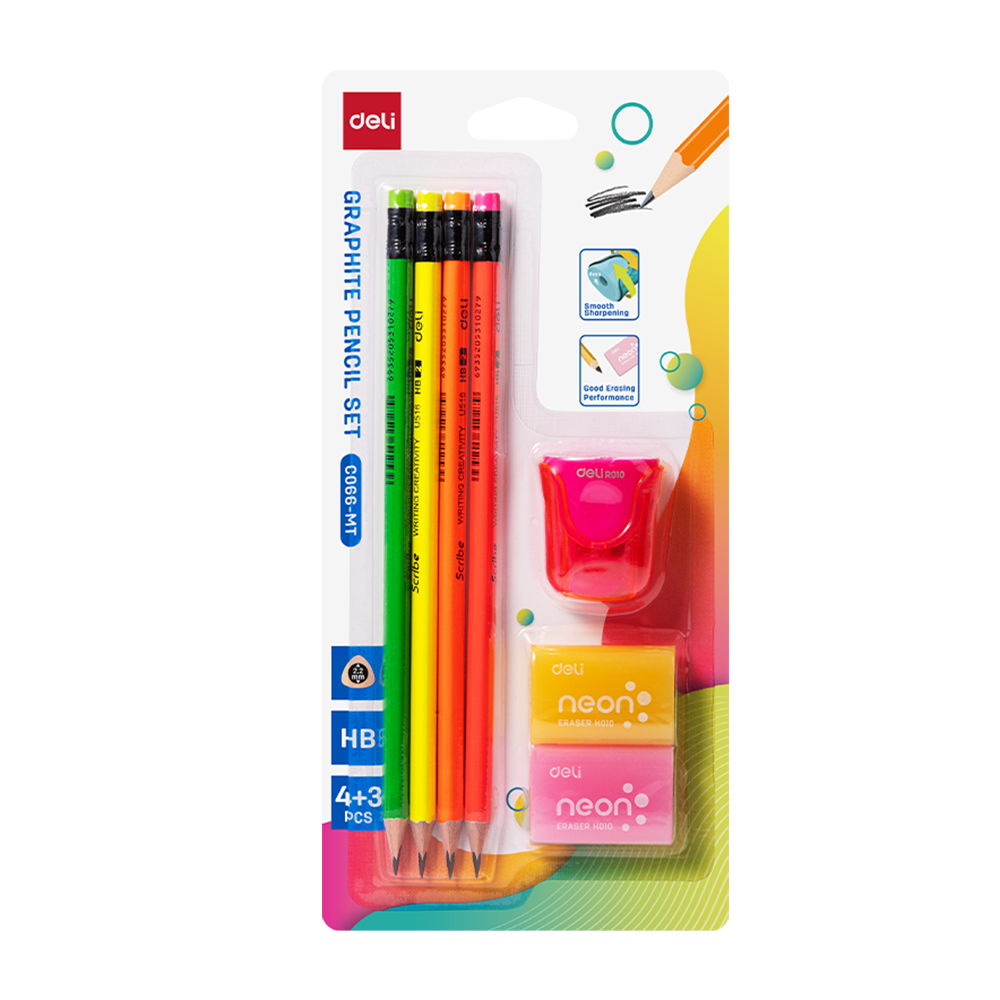 Set 4 Lápices de Grafito HB Deli c/sacapunta y borra *UMV- 1 blister*