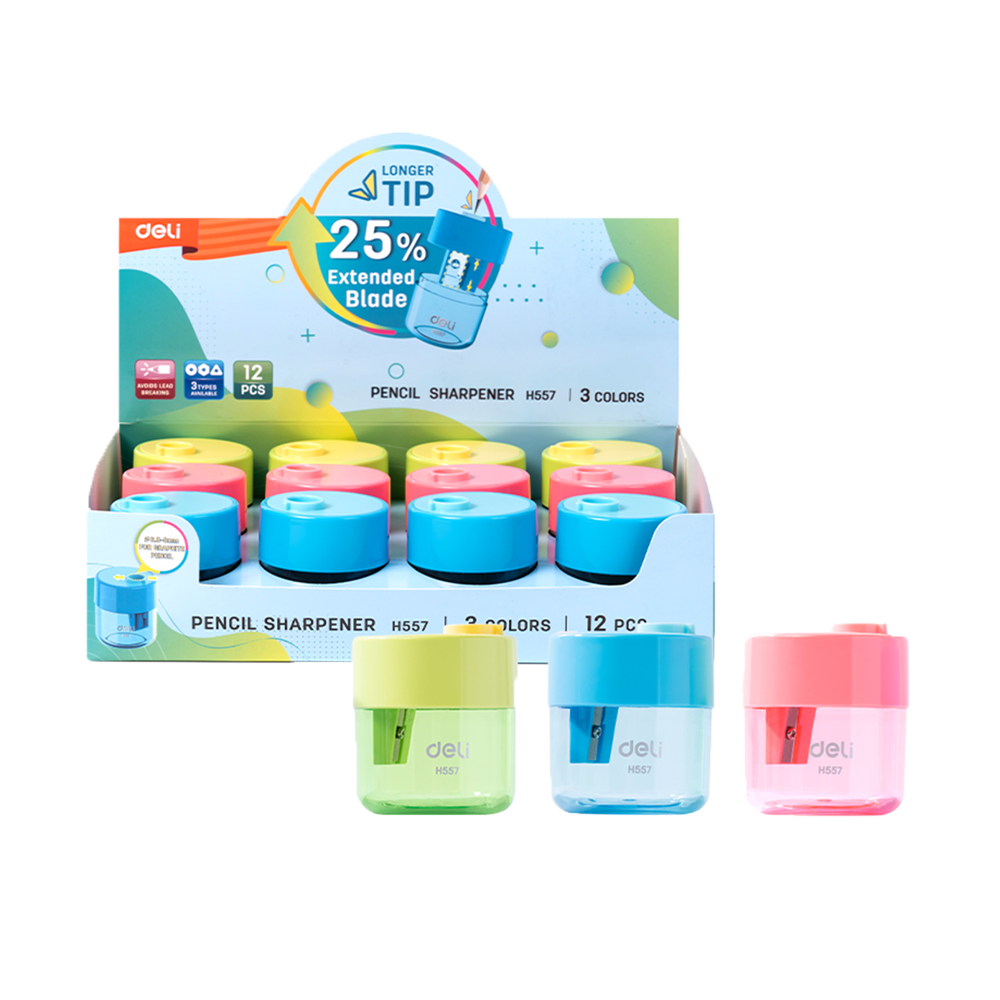 Sacapuntas Plástico 1 hueco c/recipiente Deli Display 12 u *UMV-1 display*