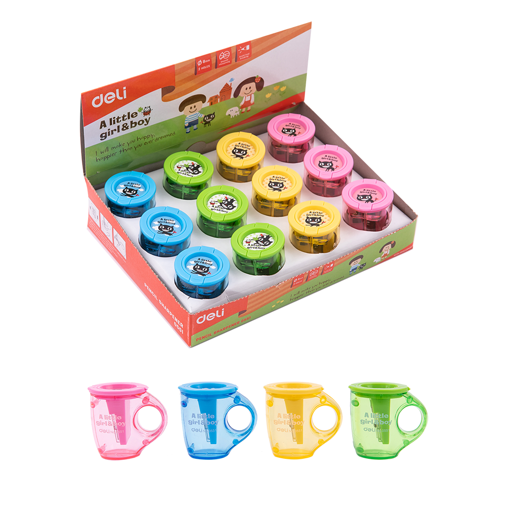 Sacapunta Taza Traslucido 2 huecos c/recipiente Deli Display 12 un *UMV- 1 display*