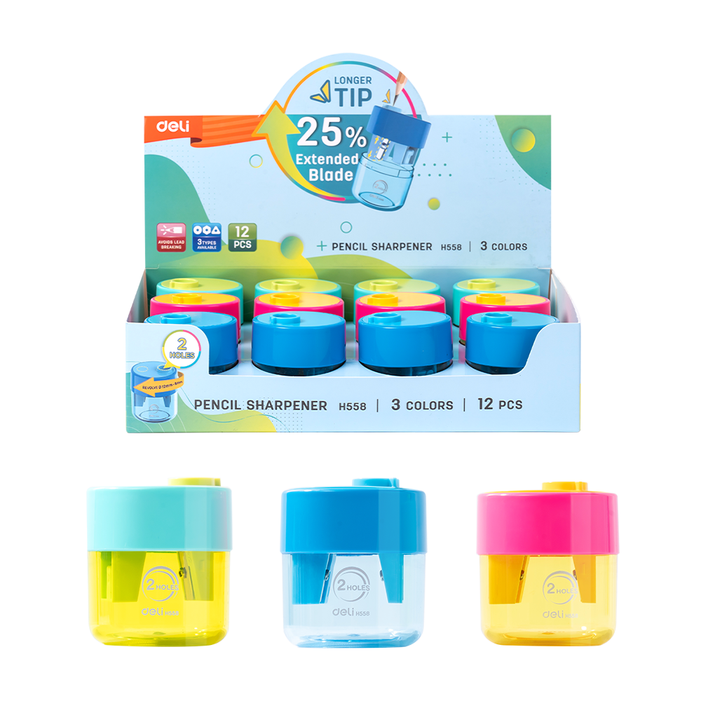 Sacapuntas Plástico 2 hueco c/recipiente Deli Display 12 u *UMV-1 display*