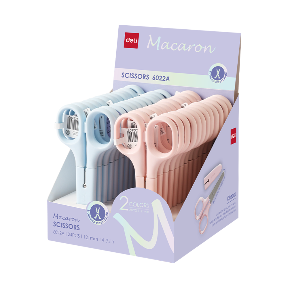 Tijera Escolar Macaron 122mm Azul/Rosado c/Protección Deli *UMV- Display 24 und*