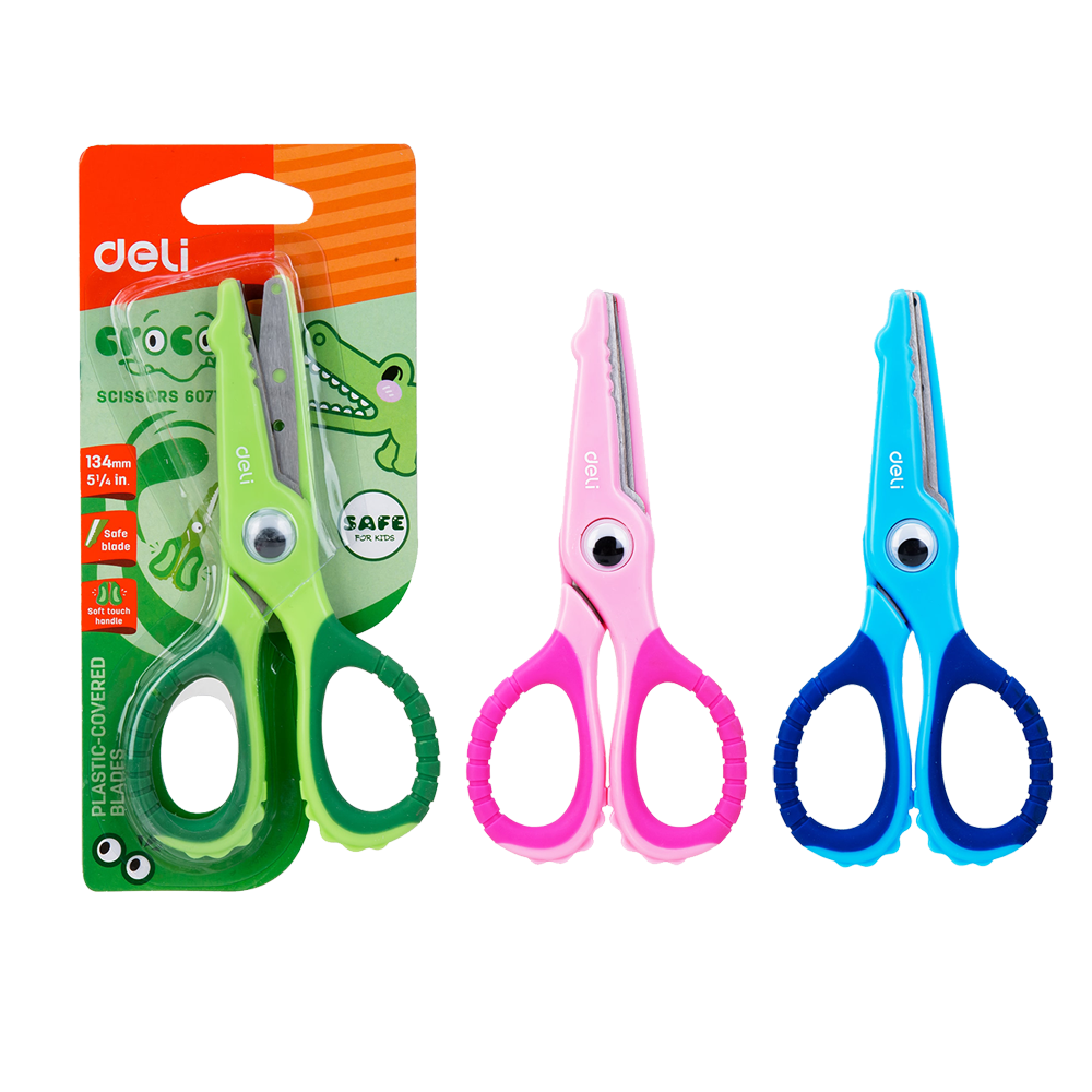 Tijera Escolar Cocodrilo 134 mm Rosa/Verde/Azul Deli *UMV- Inner 12u*