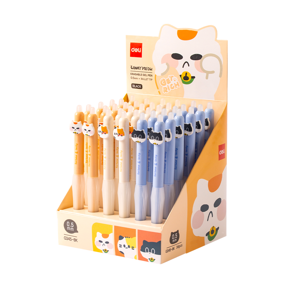 Bolígrafo de Gel Tinta Negra Borrable Lucky Meow Punta Aguja 0.5mm Deli *UMV-1 Display 36und*