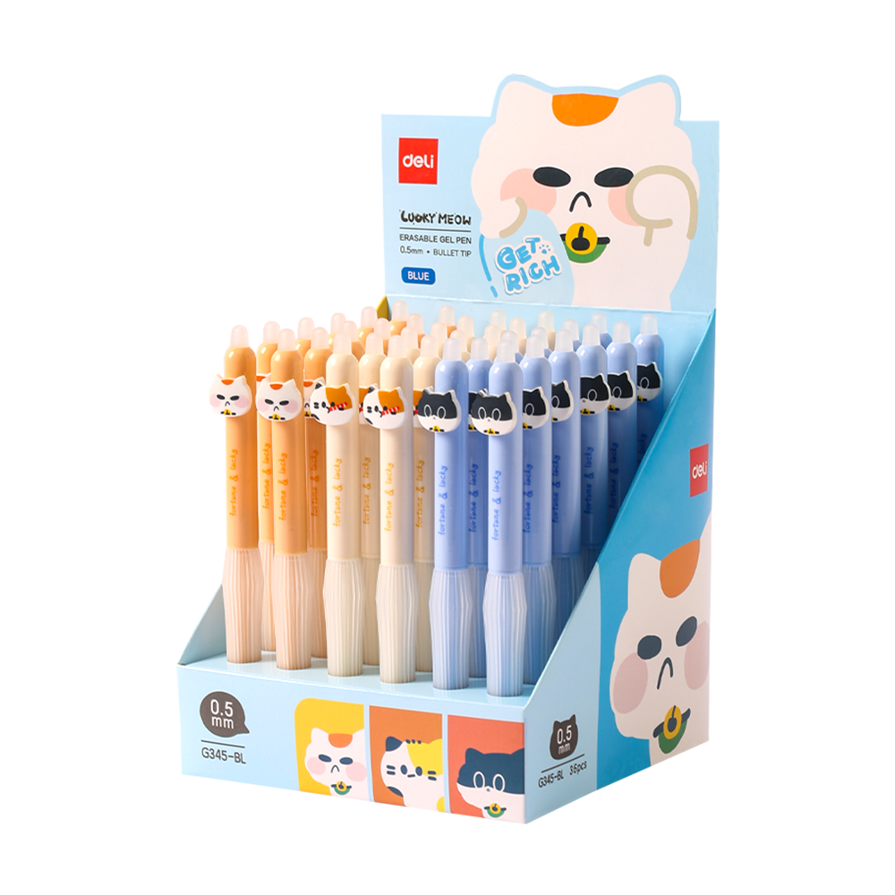 Bolígrafo de Gel Tinta Azul Borrable Lucky Meow Punta Aguja 0.5mm Deli *UMV-1 Display 36und*