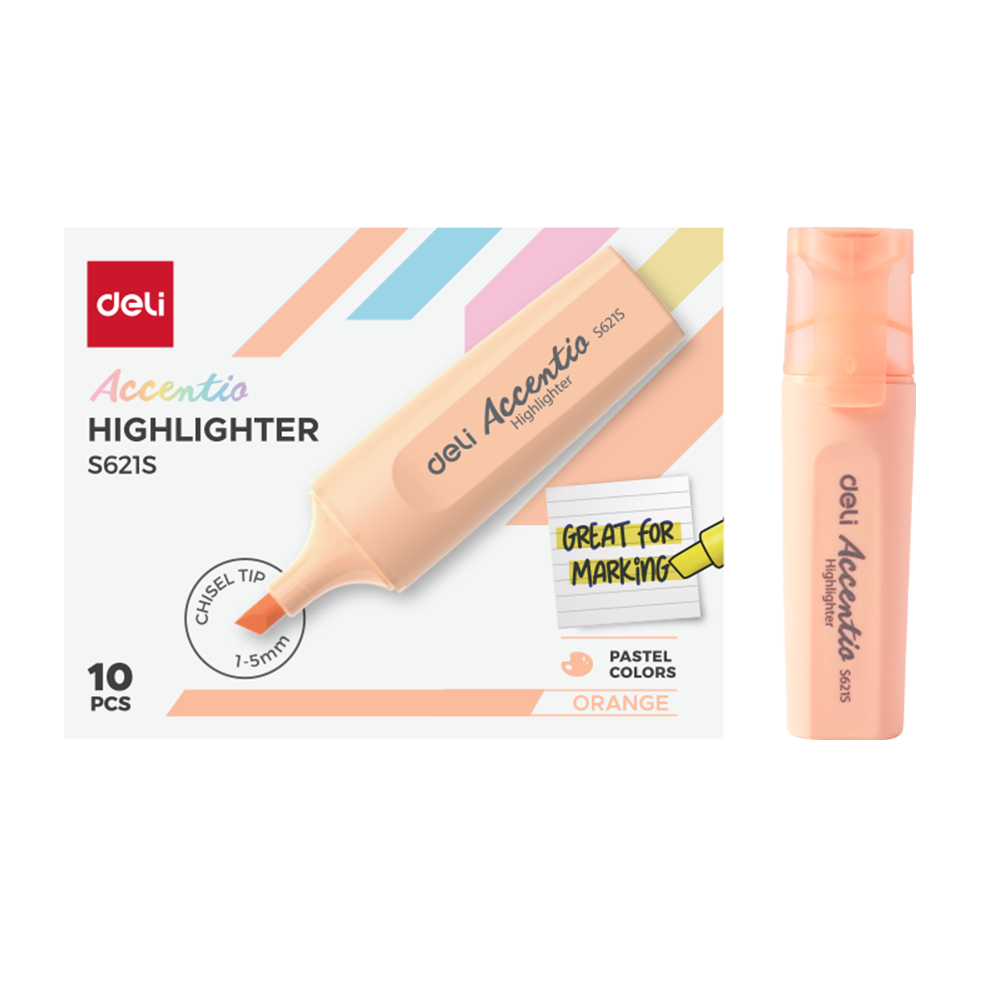 Resaltador Deli Accentio Punta Biselada 1-5mm Naranja Pastel Set x10 Unidades *UMV-1 caja de 10und*