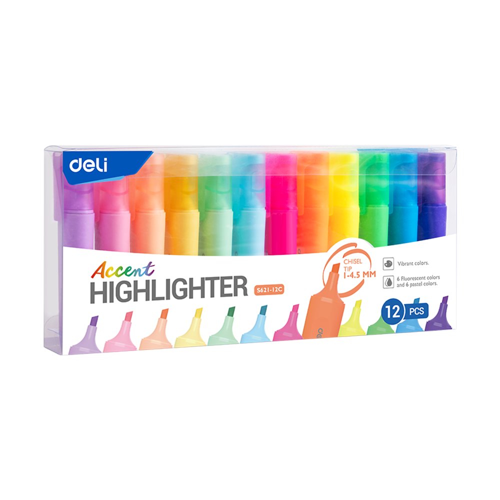 Resaltadores Deli Accentio Punta Biselada 1-4.5mm Set x12 Colores Fluorescentes y Pastel *UMV-1 set*